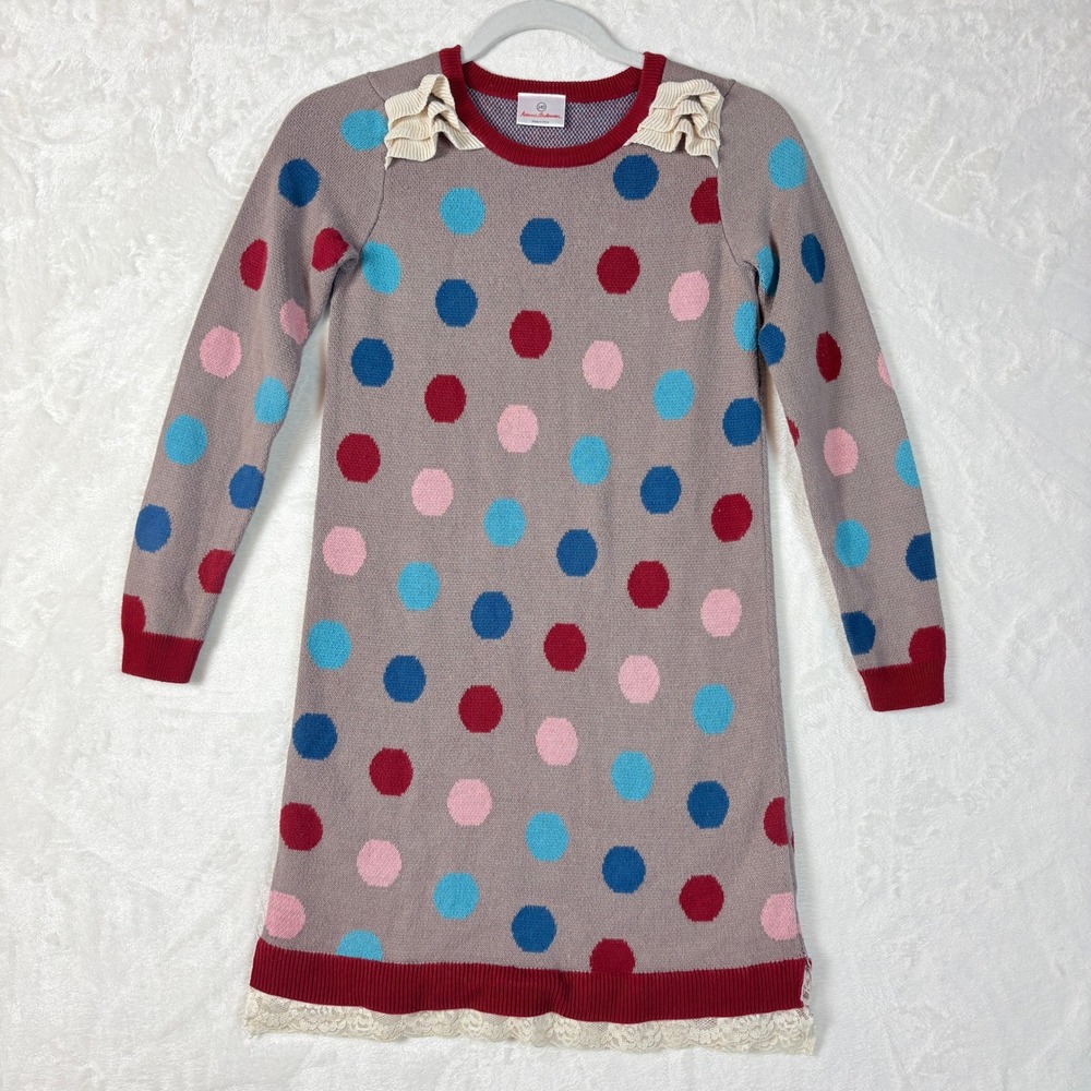 Hanna Andersson Sweater Dress Kids 140 Taupe Polka Dot Lace Ruffle 100% Cotton